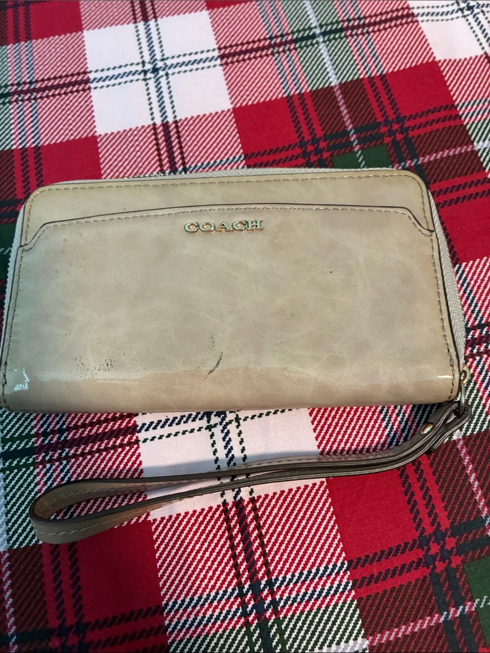 Coach Cream Leather Zip Wristlet with Gold Logo